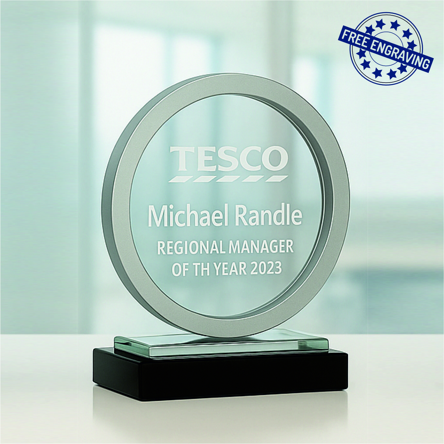 Metallic Silver Circular Glass Award - Presentation Box - W575.02