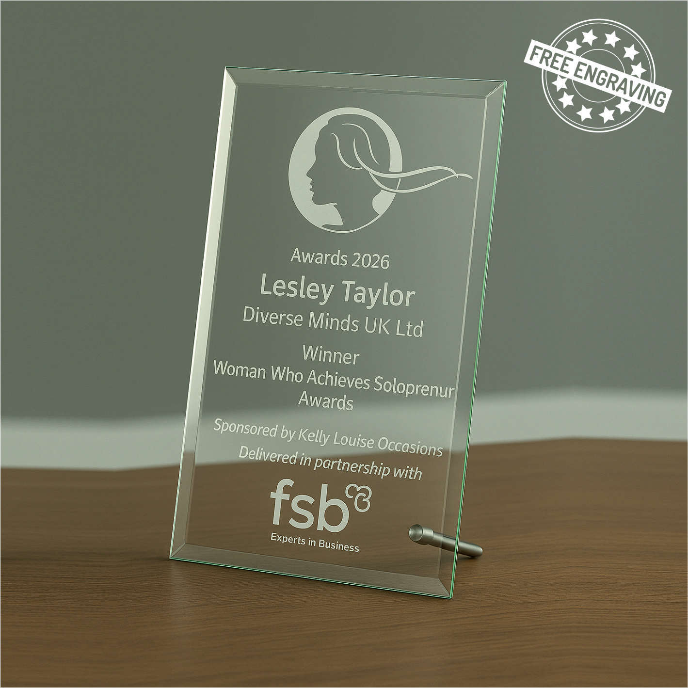 Rectangular Glass Award with corner metal stand - W20_. 