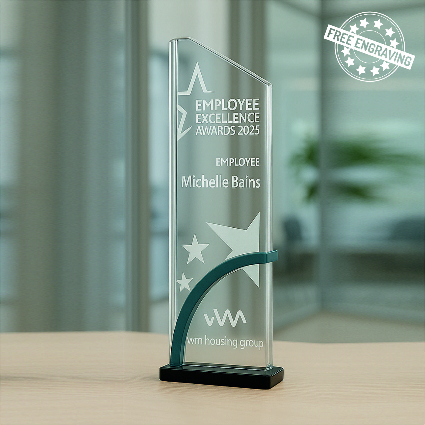 Rectangular Glass Award with Blue Stand - Presentation Box - W585.09